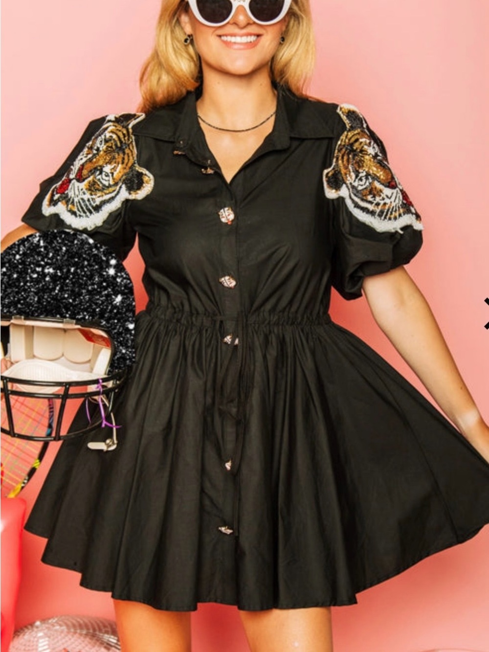 QUEEN OF SPARKLES Black Puff-Sleeve Tiger Appliqué Dress - Picture 4 of 4